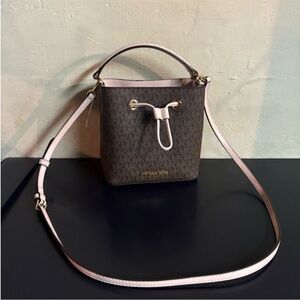 Michael Kors Brown Monogram Bucket Bag with Pink Trim